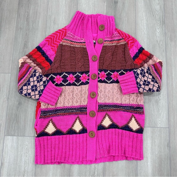 Free People Argyl smile cardigan sweater pink punch combo heavyweight small - Picture 4 of 10